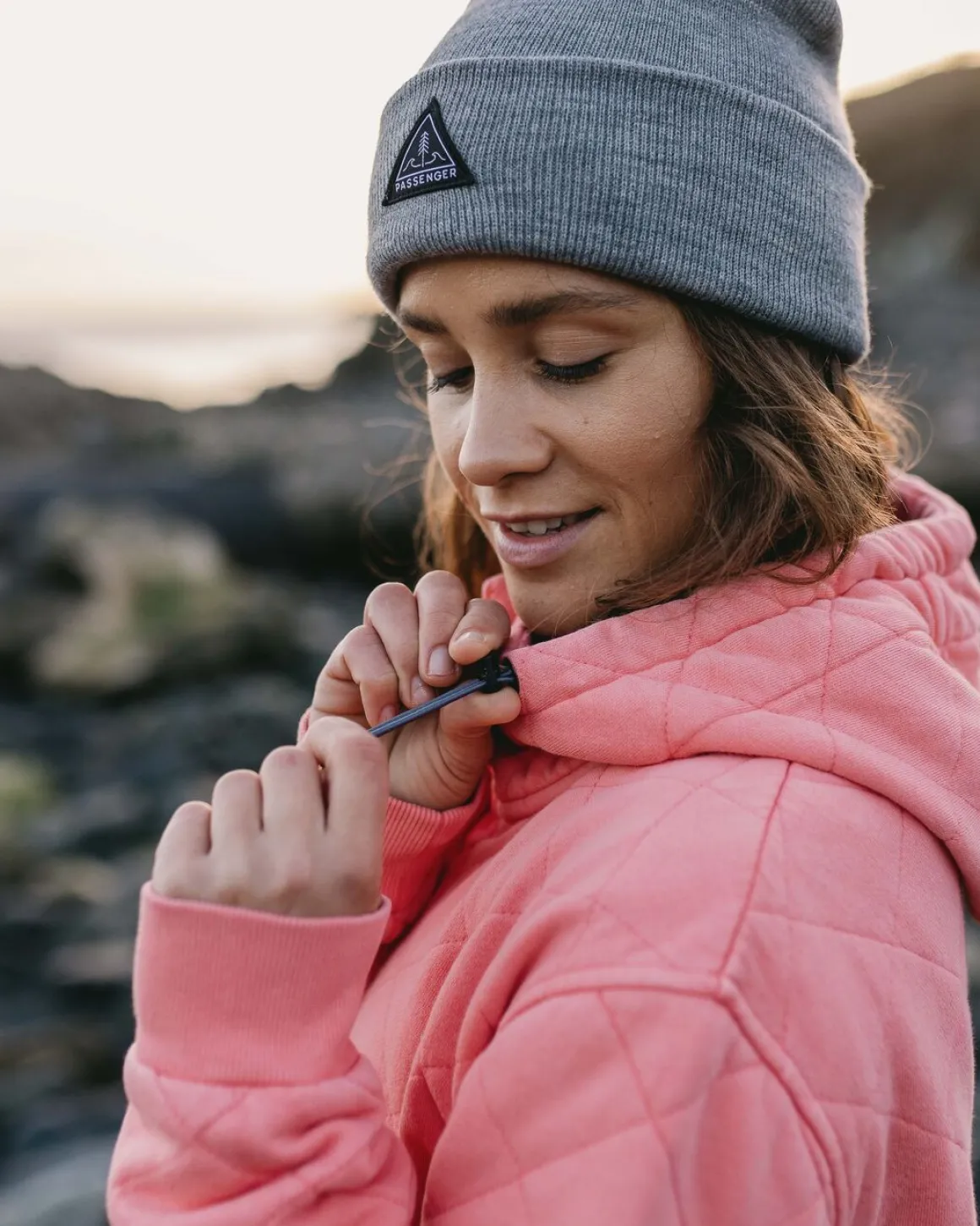 Clementine Recycled Quilted Button Up Hoodie - Shell Pink