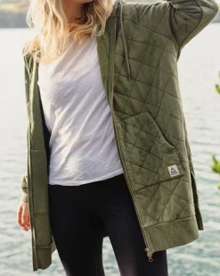 Getaway Recycled Quilted Full Zip Hoodie - Khaki Green