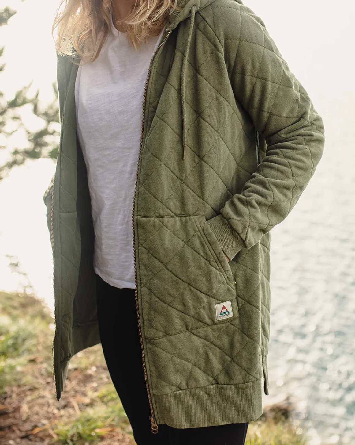 Getaway Recycled Quilted Full Zip Hoodie - Khaki Green