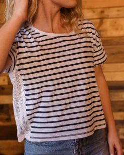 Magnolia Recycled Cotton Crochet Trim T-Shirt - Navy Stripe
