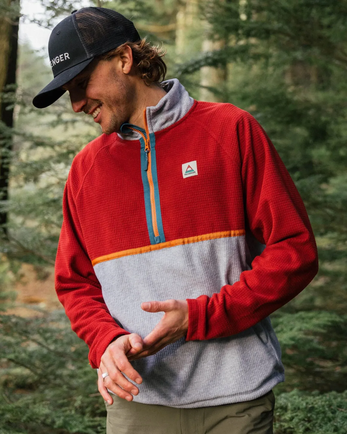 Overlook Recycled Grid Polar Fleece - Red Ochre/Grey Marl