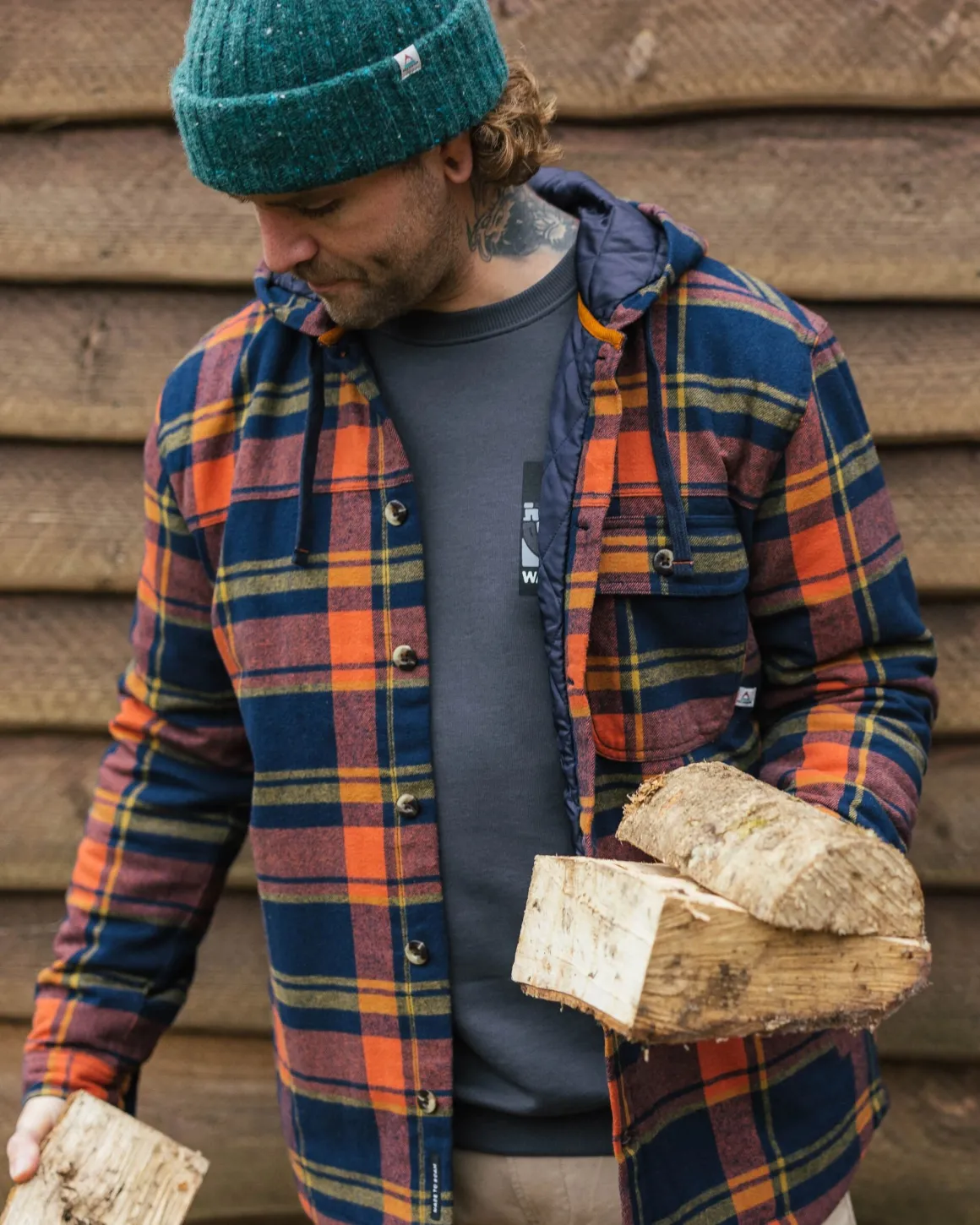 Sherwood Check Hooded Shirt Jacket - Rich Navy/Burnt Orange