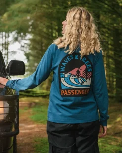 Waves u0026 Trees Recycled Cotton Long Sleeve T-Shirt - Tidal Blue