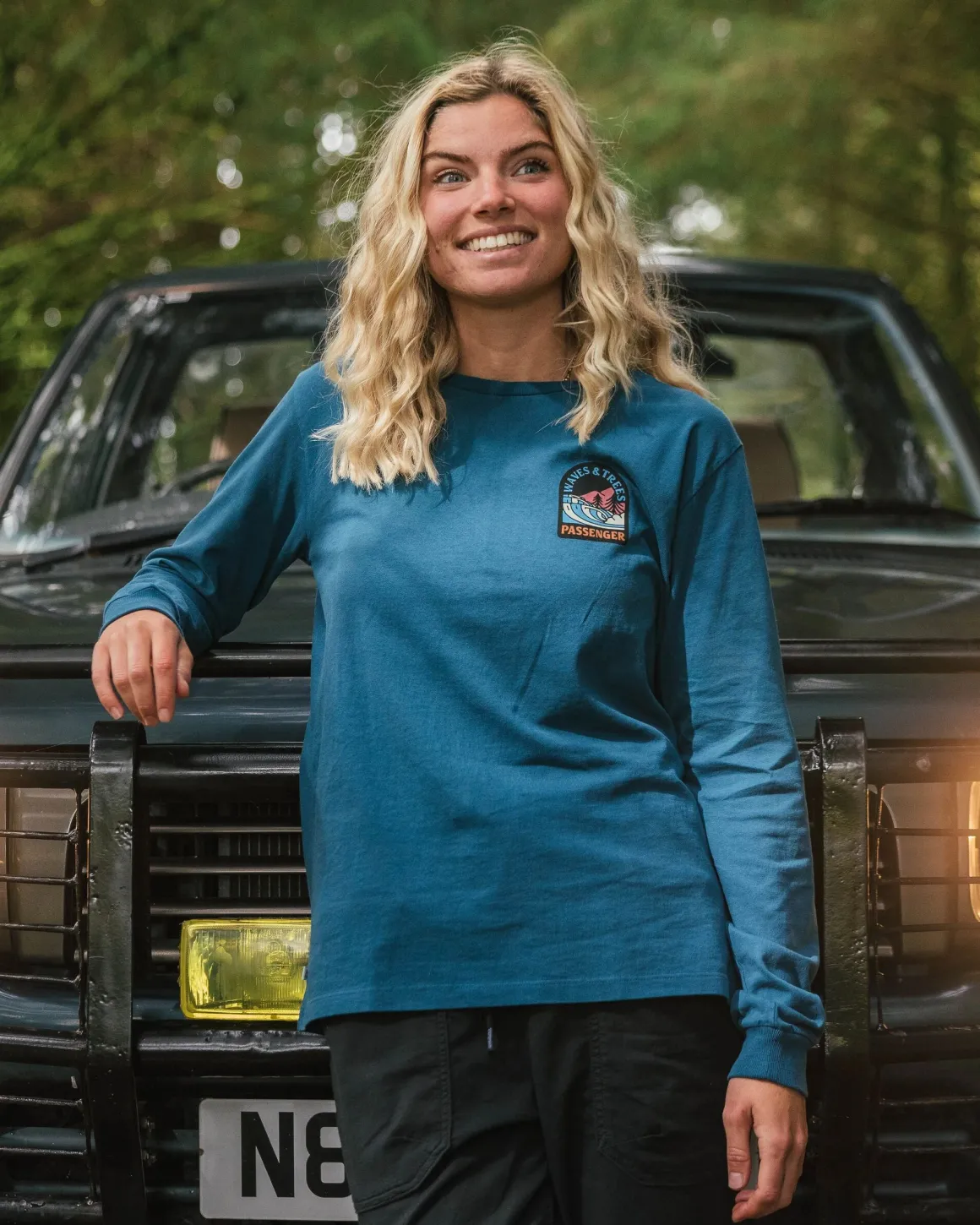 Waves u0026 Trees Recycled Cotton Long Sleeve T-Shirt - Tidal Blue