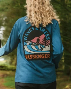 Waves u0026 Trees Recycled Cotton Long Sleeve T-Shirt - Tidal Blue