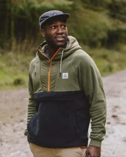 Woodland Hooded Half Zip Recycled Polar Fleece - True Black/ Khaki Green