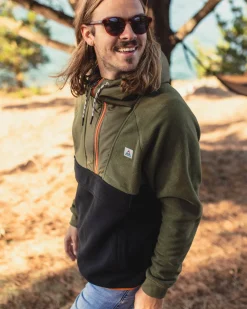Woodland Hooded Half Zip Recycled Polar Fleece - True Black/ Khaki Green