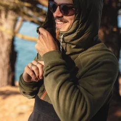 Woodland Hooded Half Zip Recycled Polar Fleece - True Black/ Khaki Green