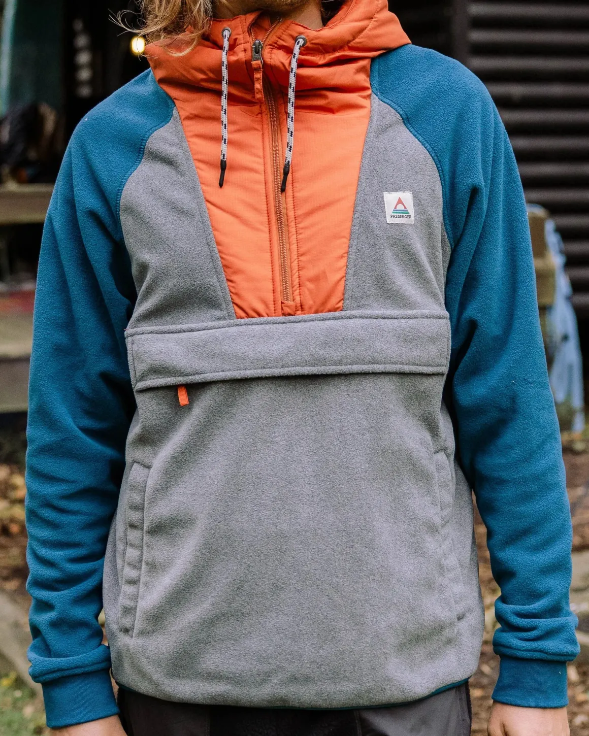 Woodland Hooded Half Zip Recycled Polar Fleece - Grey Marl/ Tidal Blue