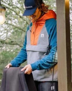 Woodland Hooded Half Zip Recycled Polar Fleece - Grey Marl/ Tidal Blue