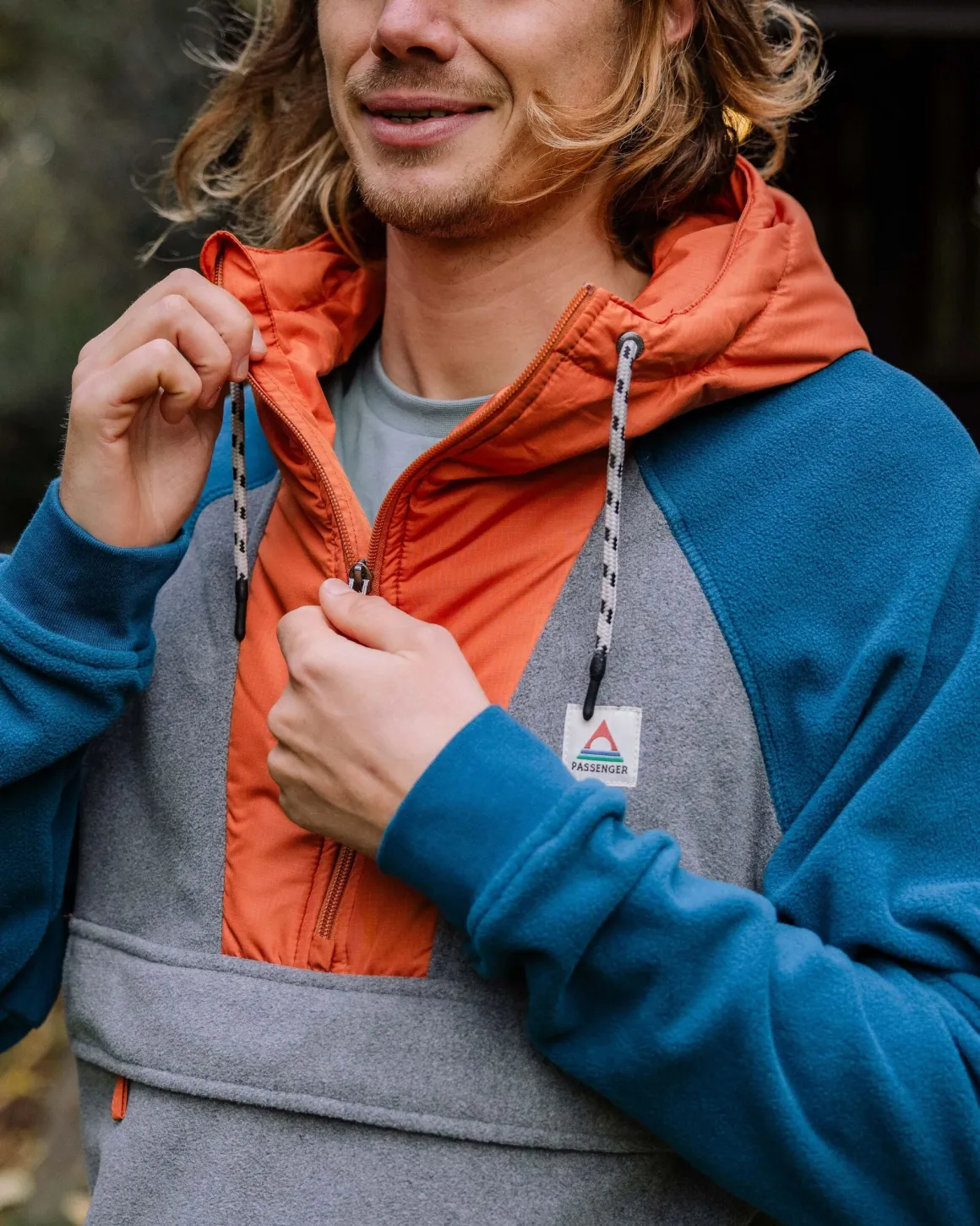 Woodland Hooded Half Zip Recycled Polar Fleece - Grey Marl/ Tidal Blue