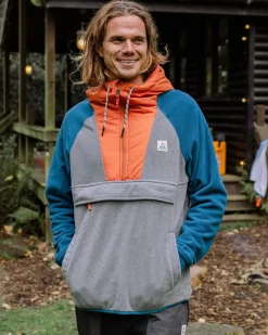 Woodland Hooded Half Zip Recycled Polar Fleece - Grey Marl/ Tidal Blue