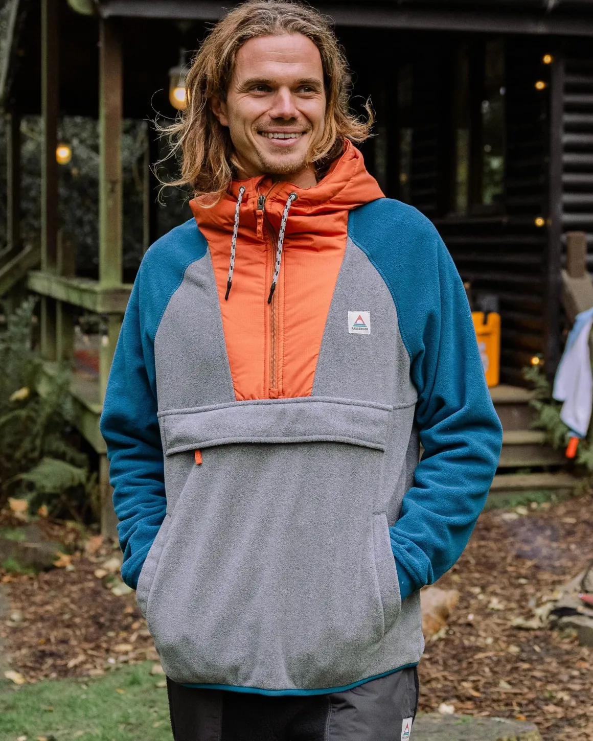 Woodland Hooded Half Zip Recycled Polar Fleece - Grey Marl/ Tidal Blue